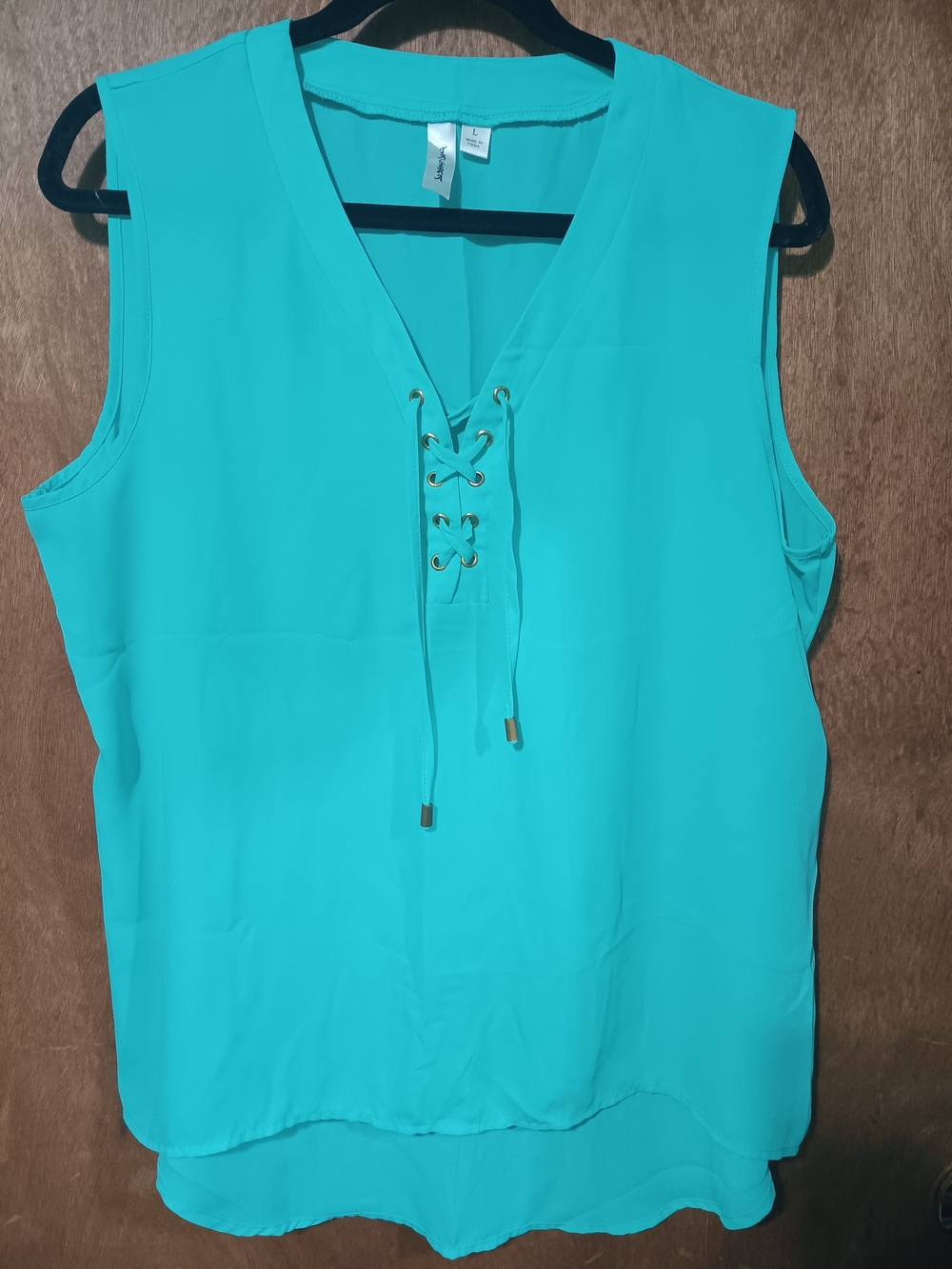 Tacera Turquoise Lace-Up V-Neck Sleeveless Blouse